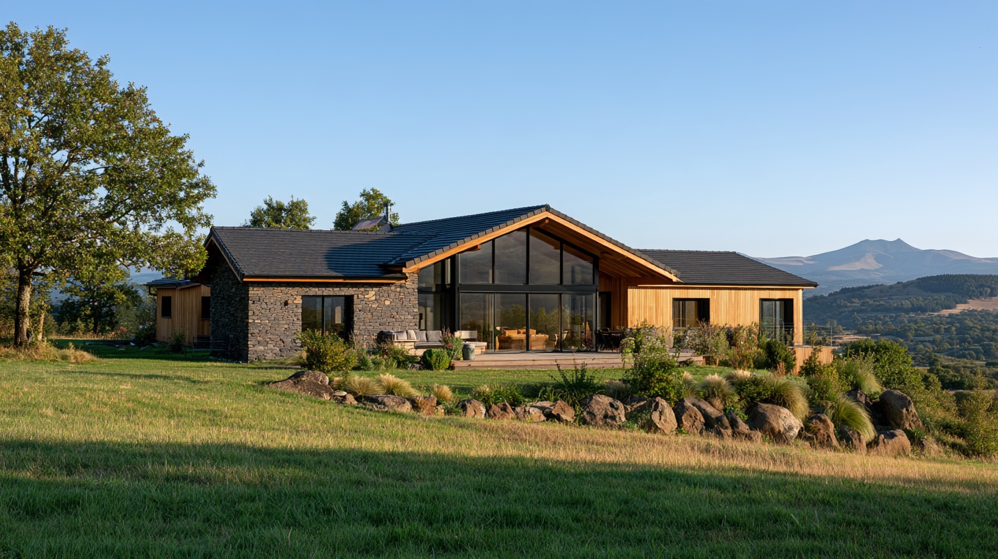 Maison entière en pierre volcanique et bardage bois, pignon vitré, face à la chaîne des Puys