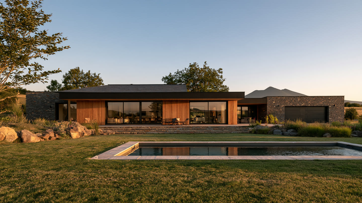L'Horizon — maison de 160 m² à toiture terrasse en pierre naturelle, avec piscine