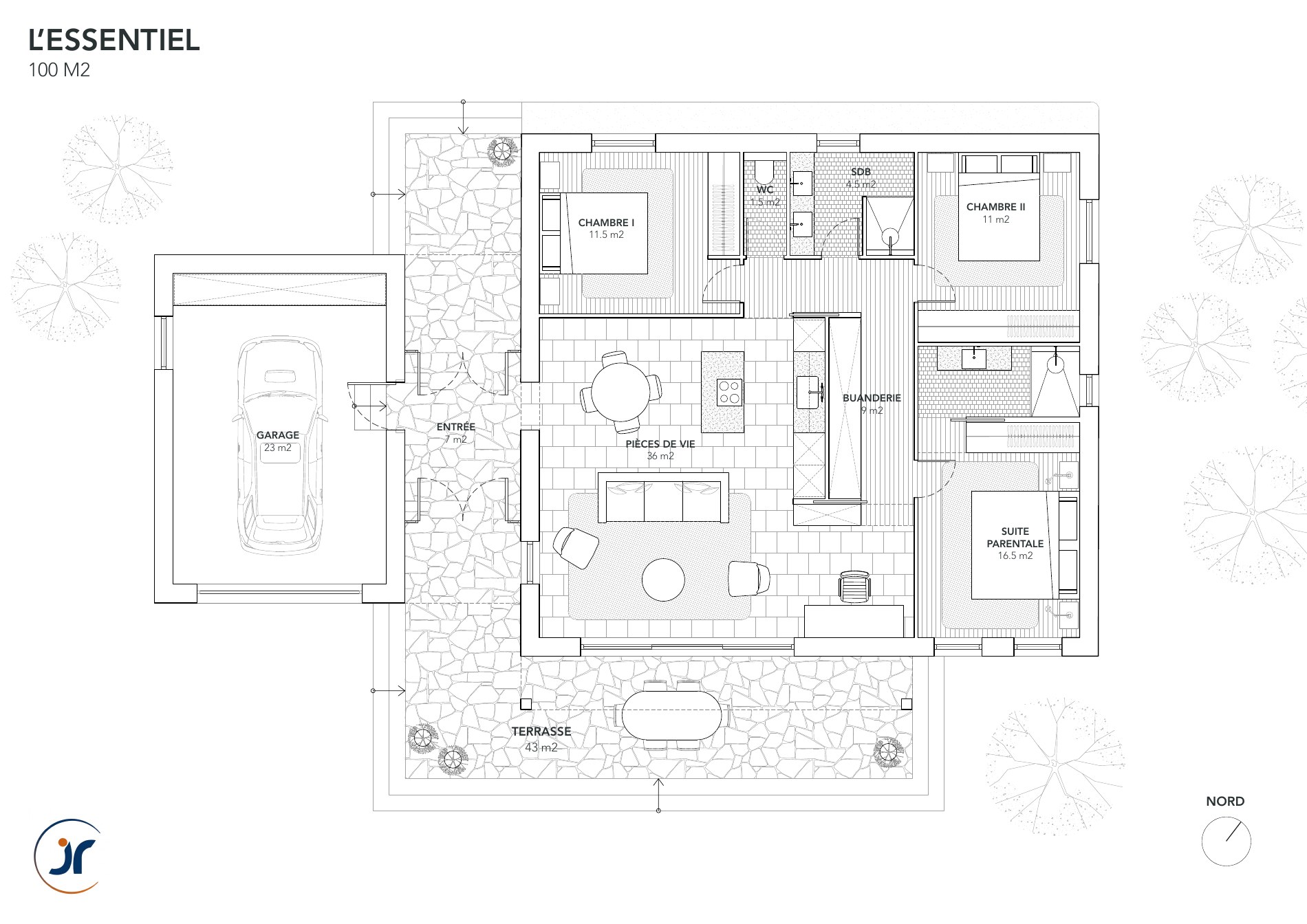 Plan d'aménagement de L'Essentiel : séjour traversant, trois chambres, garage et terrasse