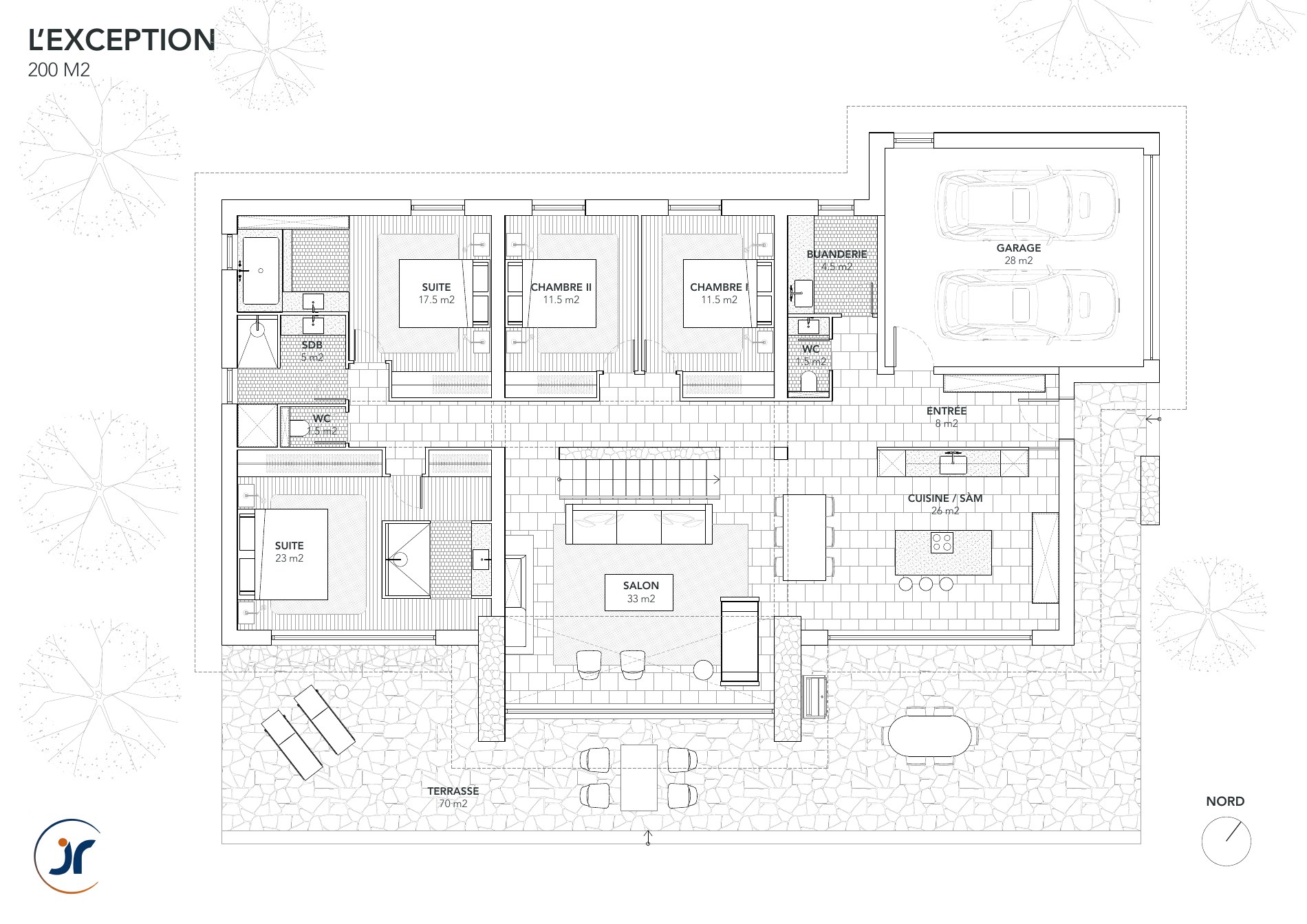 Plan d'aménagement d'une maison JR, pièce par pièce