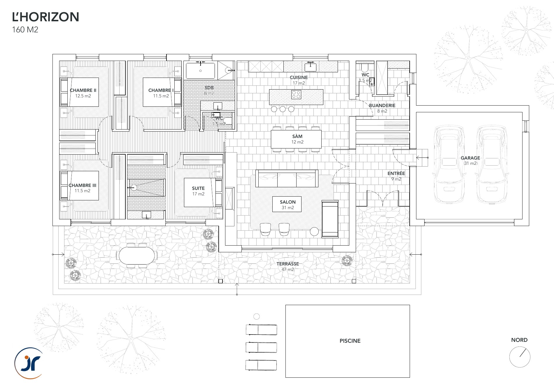 Plan d'aménagement de L'Horizon : quatre chambres dont une suite, séjour ouvert sur la terrasse, garage double et piscine