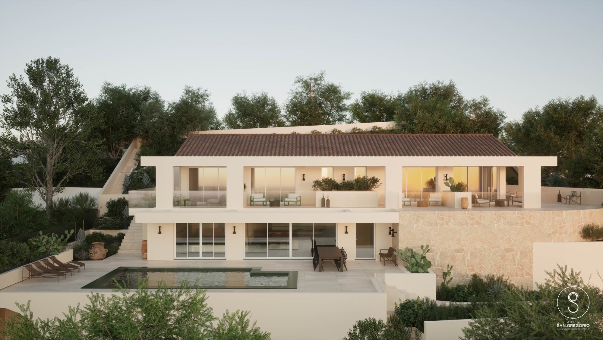Villa en projet à Saint-Tropez : toit de tuiles, murs en pierre sèche, piscine à débordement — rendu d'architecte